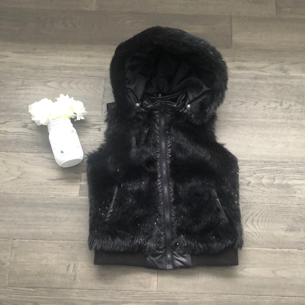Justice | Girls black fuzzy vest w/ removable hood